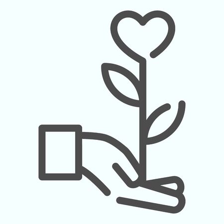 Heart flower line icon. Flower with heart on a hand vector illustration isolated on white. Giving the flower in shape of heart outline style design, designed for web and app.のイラスト素材