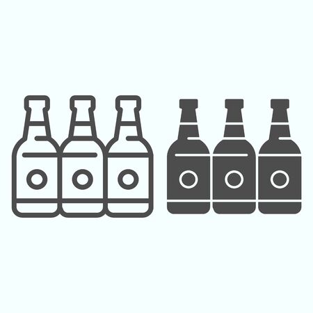 Bottles line and solid icon. Three empty glass bottles vector illustration isolated on white. Beer bottles outline style design, designed for web and app. Eps 10.のイラスト素材
