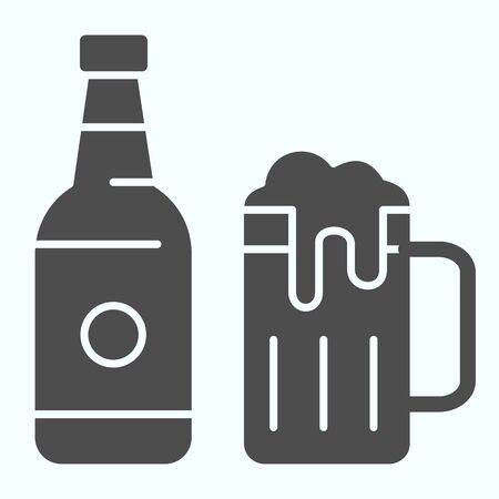 Beer bottle and mug solid icon. Bottle and glass of beer vector illustration isolated on white. Beer bottle and glass glyph style design, designed for web and app. Eps 10.のイラスト素材