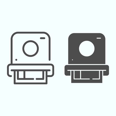 Camera photo printing line and solid icon. Camera with photo vector illustration isolated on white. Photo printing from camera outline style design, designed for web and app.のイラスト素材