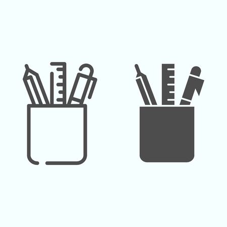 Stationery tools line and solid icon. Glass with pen, pencil and ruler vector illustration isolated on white. Pencil case outline style design, designed for web and app. Eps 10.のイラスト素材