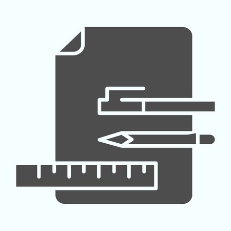 Office Accessories solid icon. Studying accessories vector illustration isolated on white. Pen, pencil, ruler and sheet glyph style design, designed for web and app. Eps 10.のイラスト素材
