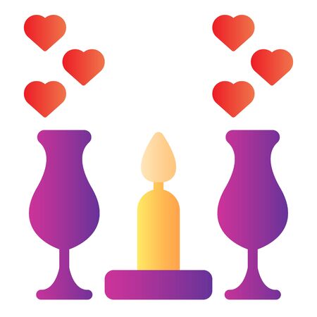 Romantic Dinner Candles flat icon. Dinner with glasses and candlelight illustration isolated on white. Wine glasses and candle with hearts gradient style design, designed for web and app. Eps 10.のイラスト素材
