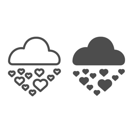 Hearts in rainy cloud line and solid icon. Romantic love rain illustration isolated on white. Cloud raining heart shapes outline style design, designed for web and app. Eps 10.のイラスト素材