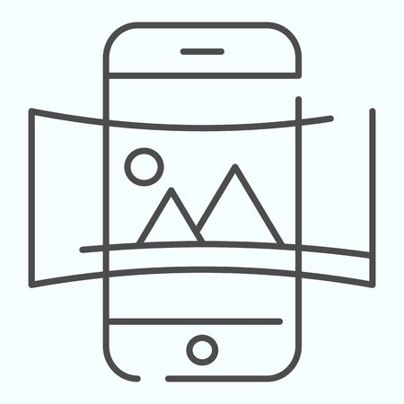 Panorama thin line icon. Picture panorama in smartphone vector illustration isolated on white. Nature panorama photo with picture outline style design, designed for web and app. Eps 10.のイラスト素材