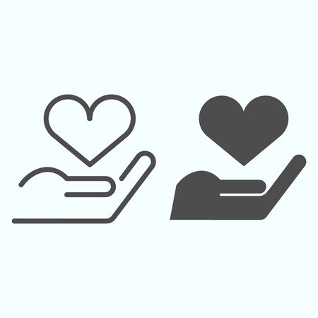 Love in hand line and solid icon. Heart in a hand vector illustration isolated on white. Giving heart outline style design, designed for web and app.のイラスト素材