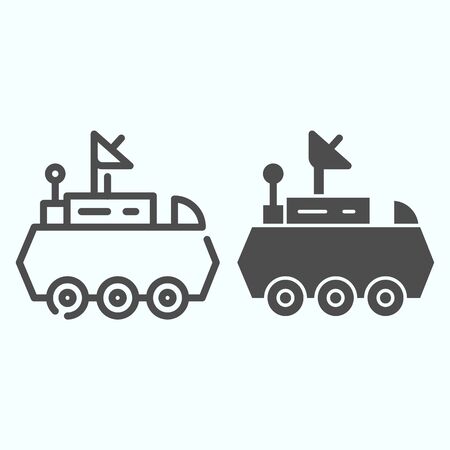 Lunar Rover line and solid icon. Moon exploration buggie with three wheels and dish antenna.のイラスト素材