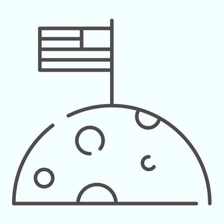 Flag at moon thin line icon. Moon with surface craters and flag on top.のイラスト素材