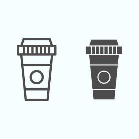 Coffee line and solid icon. Plastic cup filled with hot drink with cover.のイラスト素材