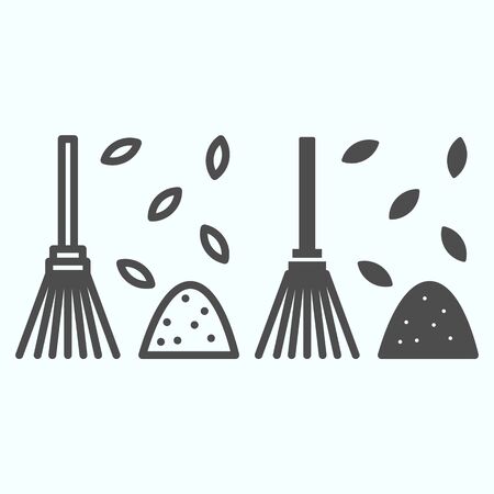 Raking fallen leafs line and solid icon. Gardening tool for rake up leaves.のイラスト素材