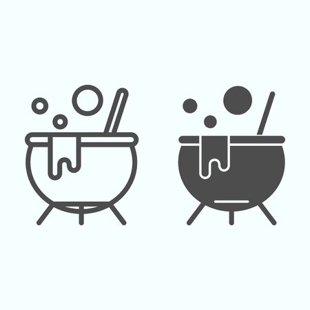 Witch boiler pot line and solid icon. Smoking cauldron with a magic potion. Halloween design conceptのイラスト素材