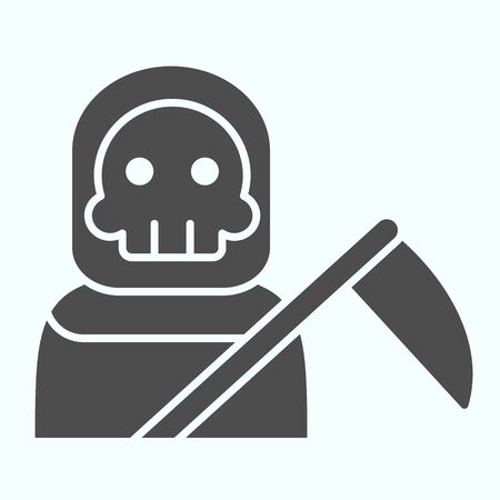 Death person solid icon. Stranger in a coat with scytche. Halloween  design conceptのイラスト素材