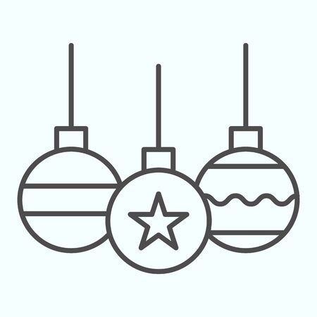 Tree toys thin line icon. Decoration glass balls with wave and star. Christmas vector design concept, outline style pictogram on white background, use for web and app. Eps 10.のイラスト素材