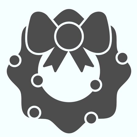 Branch with bow solid icon. Fir-tree wreath decoration with ribbon on main bdoor. Christmas vector design concept, glyph style pictogram on white background, use for web and app. Eps 10.のイラスト素材