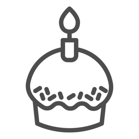 Cupcake line icon. Party holiday or Easter muffin with burning candle. Happy Birthday  design concept, outline style pictogram on white backgroundのイラスト素材