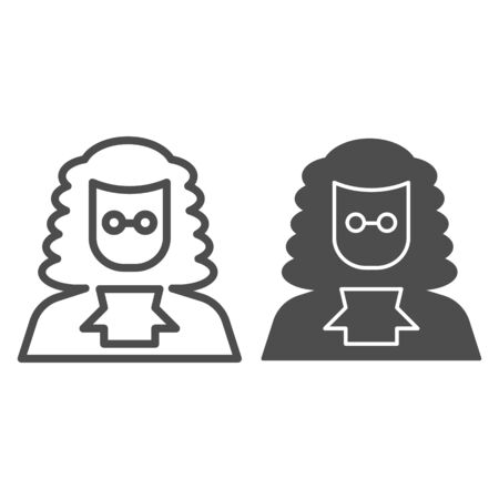 Judge in a wig line and solid icon. A lawyer with peruke and glasses.のイラスト素材