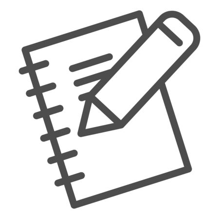 Notebook and pencil line icon. Exercise book, sheet of pocketbook with wooden stick. School vector design concept, outline style pictogram on white backgroundのイラスト素材