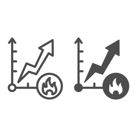Fuel price increase line and solid icon. Energy market price growth graph, trading chart with fire sign. Oil industry vector design concept, outline style pictogram on white background.のイラスト素材