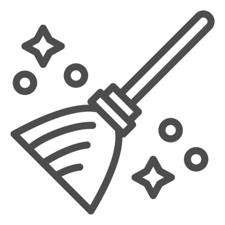 Magic broom line icon. Wizard and witch flying besom for household. Halloween party vector design concept, outline style pictogram on white background.のイラスト素材