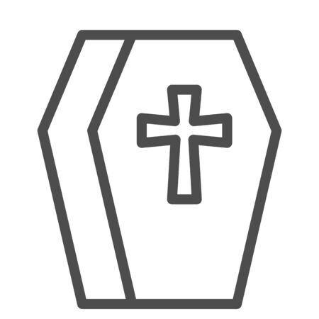 Coffin line icon. Cemetery box with a cross sign. Halloween party vector design concept, outline style pictogram on white background.のイラスト素材