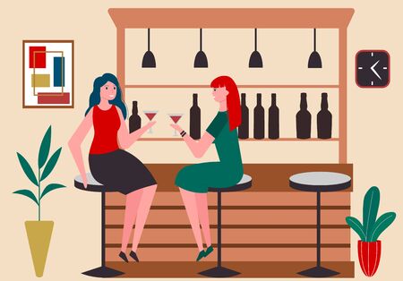 Two young women are sitting in a cozy cafe and drinking wine. Friends communication. Modern lifestyle. Modern bar interior. Vector illustration in flat style.のイラスト素材