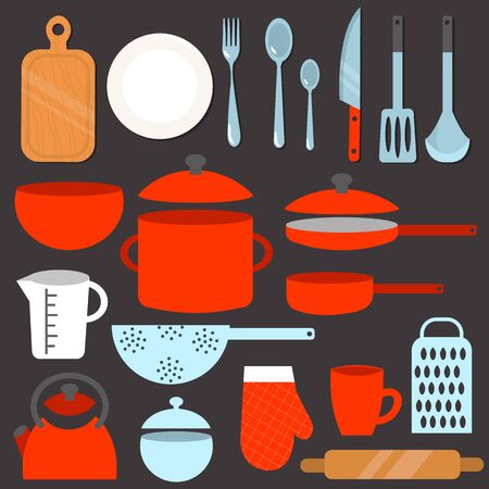 A set of modern kitchen utensils. Most used kitchenware. Vector illustration in flat styleのイラスト素材