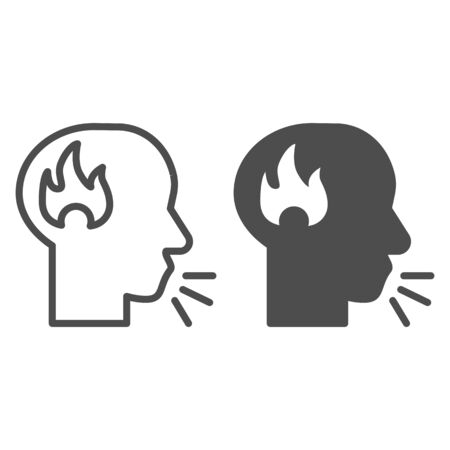 Man speak loud line and solid icon. Angry person, shouting head with fire symbol, outline style pictogram on white background. Relationship sign for mobile concept and web design. Vector graphicsのイラスト素材