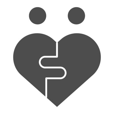 Pair puzzle heart solid icon. Two halves fitting in puzzle to heart symbol, glyph style pictogram on white background. Relationship sign for mobile concept and web design. Vector graphicsのイラスト素材