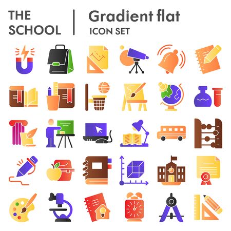 School flat icon set. Education collection, vector sketches, logo illustrations, web symbols, gradient style pictograms package isolated on white background. Vector graphics.のイラスト素材