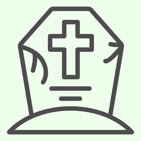 Halloween grave line icon. Cemetery with cross outline style pictogram on white background. Creepy tombstone with crack and cross for mobile concept and web design. Vector graphics.のイラスト素材