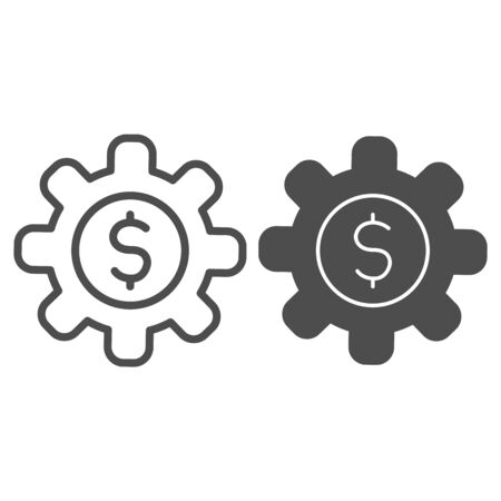 Valuable gear line and solid icon. Mechanism cog wheel with dollar symbol, outline style pictogram on white background. Money sign for mobile concept and web design. Vector graphics.のイラスト素材