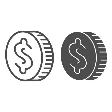 Coin cash line and solid icon. One dollar currency, dime piece of savings symbol, outline style pictogram on white background. Money sign for mobile concept and web design. Vector graphics.のイラスト素材
