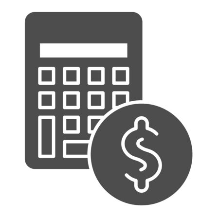 Calculator with coin solid icon. Budget, money saving symbol, glyph style pictogram on white background. Dollar sign for mobile concept and web design. Vector graphics.のイラスト素材