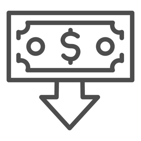 Banknote with arrow down line icon. Finance crisis, spend money symbol, outline style pictogram on white background. Dollar sign for mobile concept and web design. Vector graphics.のイラスト素材