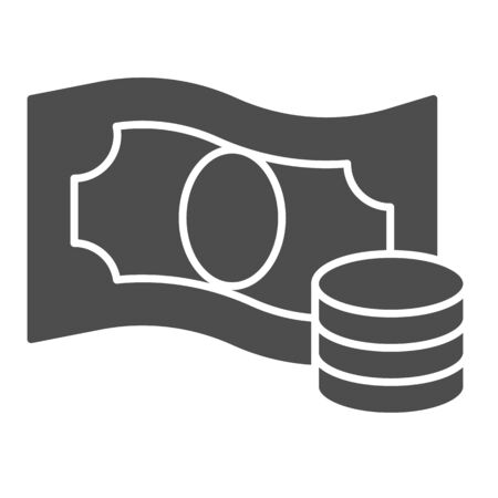 Banknotes and coins stack solid icon. Wealth concept with cash symbol, glyph style pictogram on white background. Money sign for mobile concept and web design. Vector graphics.のイラスト素材
