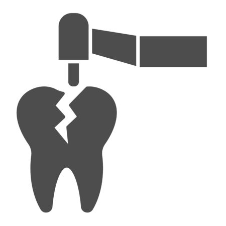 Dental drill device and craked tooth solid icon. Caries treatment tool symbol, glyph style pictogram on white background. Dentistry sign for mobile concept and web design. Vector graphics.のイラスト素材
