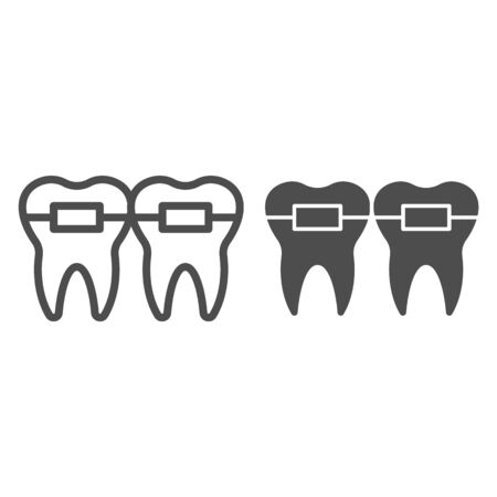 Teeth alignment line and solid icon. Mouth braces, orthodontic treatment symbol, outline style pictogram on white background. Dentistry sign for mobile concept and web design. Vector graphics.のイラスト素材