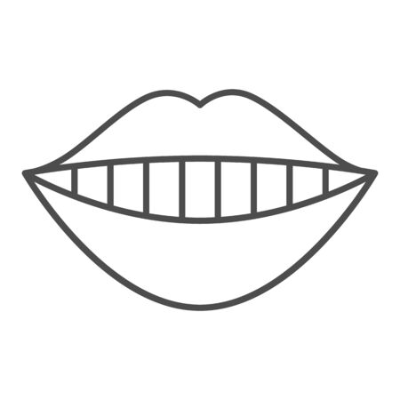 Smiling mouth thin line icon. Lips and teeth, dental smile with white tooth symbol, outline style pictogram on white background. Dentistry sign for mobile concept and web design. Vector graphics.のイラスト素材