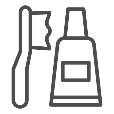 Toothbrush and toothpaste line icon. Brush and paste tube, oral hygiene symbol, outline style pictogram on white background. Dentistry sign for mobile concept or web design. Vector graphics.のイラスト素材
