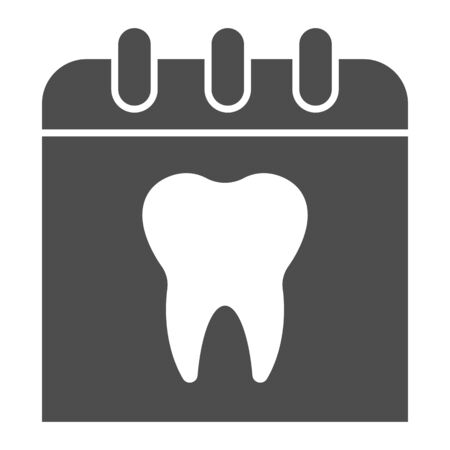 Calendar page with tooth solid icon. Diagnostics slide, appointment day symbol, glyph style pictogram on white background. Dentistry sign for mobile concept and web design. Vector graphics.のイラスト素材