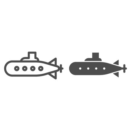 Submarine line and solid icon. Military sub boat, underwater bathyscaphe symbol, outline style pictogram on white background. Warfare sign for mobile concept and web design. Vector graphics.のイラスト素材