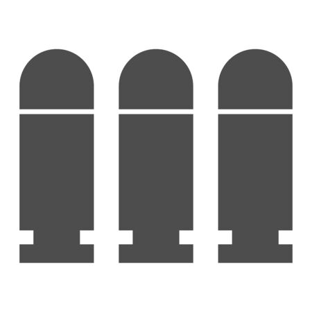 Three bullets solid icon. Military cartridge, bullet weapon ammunition symbol, glyph style pictogram on white background. Warfare sign for mobile concept and web design. Vector graphics.のイラスト素材