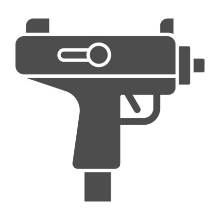 Uzi submachine gun solid icon. Automatic machine weapon symbol, glyph style pictogram on white background. Warfare or military sign for mobile concept and web design. Vector graphics.のイラスト素材