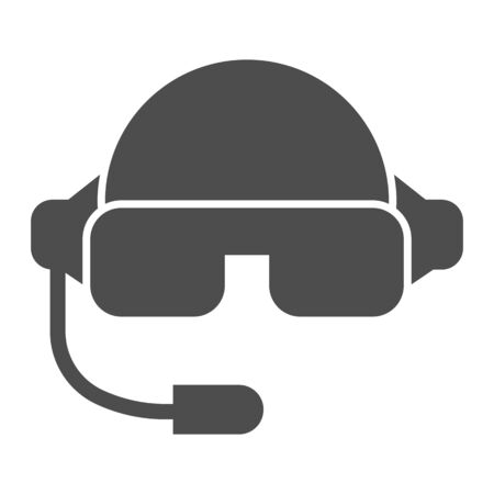 Pilot helmet solid icon. Aviator jet mask with glasses and microphone symbol, glyph style pictogram on white background. Warfare sign for mobile concept and web design. Vector graphics.のイラスト素材
