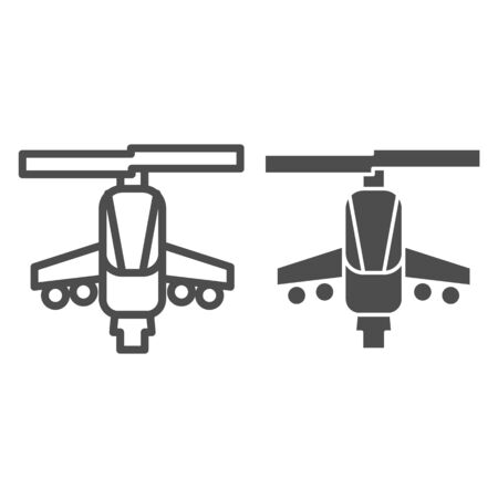 Combat helicopter line and solid icon. Attack weapon, army air vehicle symbol, outline style pictogram on white background. Military or warfare sign for mobile concept and web design. Vector graphics.のイラスト素材
