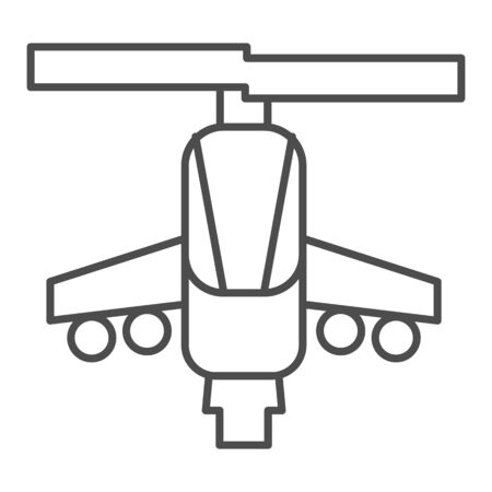 Combat helicopter thin line icon. Attack weapon, army air vehicle symbol, outline style pictogram on white background. Military or warfare sign for mobile concept and web design. Vector graphics.のイラスト素材