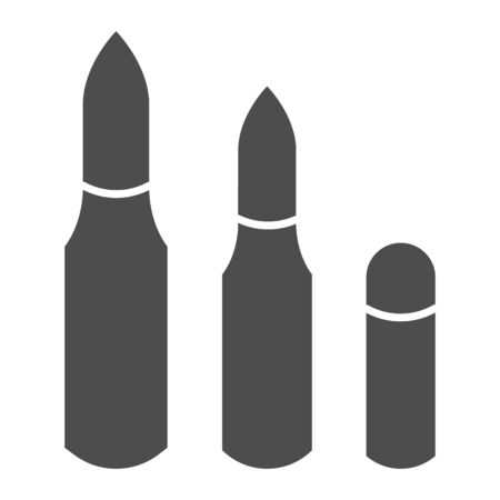Bullets solid icon. Weapon bullet cartridge, gunshot ammunition symbol, glyph style pictogram on white background. Military sign for mobile concept and web design. Vector graphics.のイラスト素材