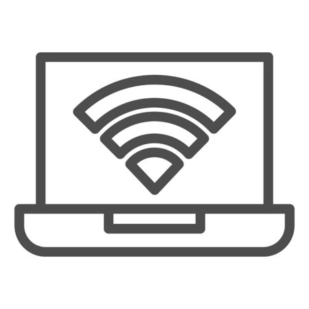 Laptop with signal line icon. Wireless connection, device with access symbol, outline style pictogram on white background. Computer sign for mobile concept and web design. Vector graphics.のイラスト素材