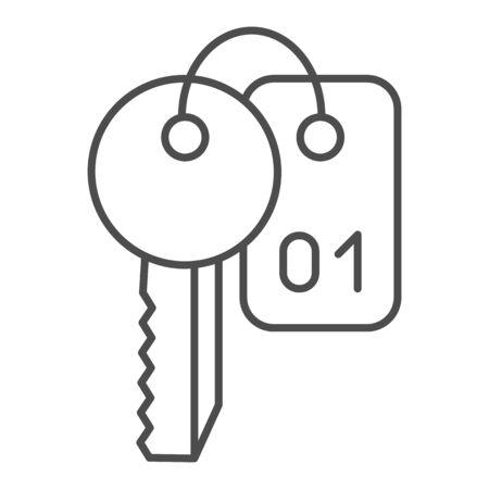 Keys thin line icon. Classic room key with number symbol, outline style pictogram on white background. Hotel business sign for mobile concept and web design. Vector graphics.のイラスト素材