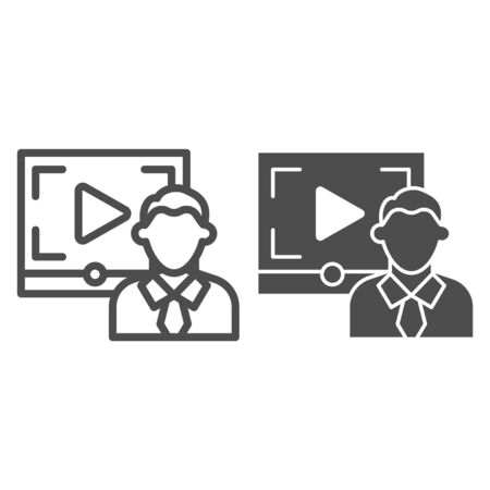 Video courses man line and solid icon. Online webinar lecturer and play button symbol, outline style pictogram on white background. Education sign for mobile concept and web design. Vector graphics.のイラスト素材
